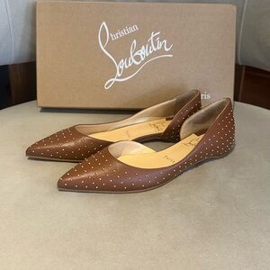 New Auth Christian Louboutin Brown Studded Women's Flats